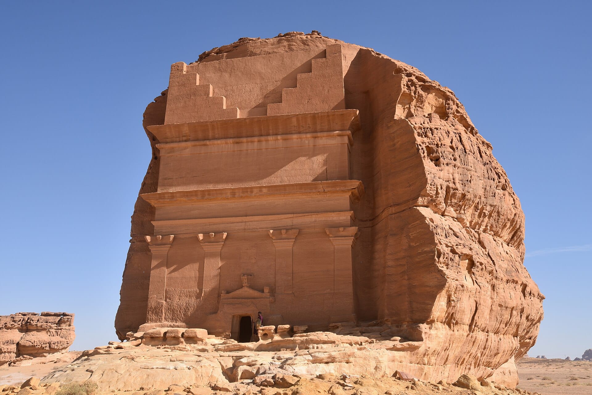 Qasr al-Farid, the great unfinished Nabataean tomb carved into a single boulder at Hegra, AlUla, Saudi Arabia